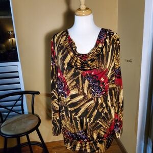 Dana Buchman Black, Gold and Red Printed Cowl Neck Tunic
